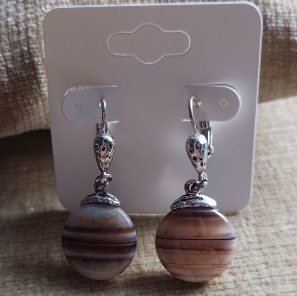 Silver Tone Leverback Brown Striped Stone Earrings - Picture 10 of 13